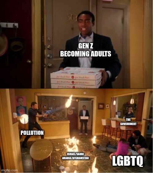 Community Fire Pizza Meme | GEN Z BECOMING ADULTS; THE GOVERNMENT; POLLUTION; ISRAEL/SAUDI ARABIA/AFGHANISTAN; LGBTQ | image tagged in community fire pizza meme,gen z,politics | made w/ Imgflip meme maker