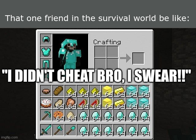 "I SWEAR ON GOD I DIDN'T!!!!!" | That one friend in the survival world be like:; "I DIDN'T CHEAT BRO, I SWEAR!!" | image tagged in minecraft memes,that one friend,cheating | made w/ Imgflip meme maker