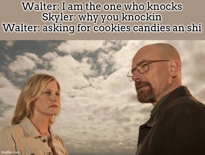 Walter: I am the one who knocks
Skyler: why you knockin
Walter: asking for cookies candies an shi | made w/ Imgflip meme maker