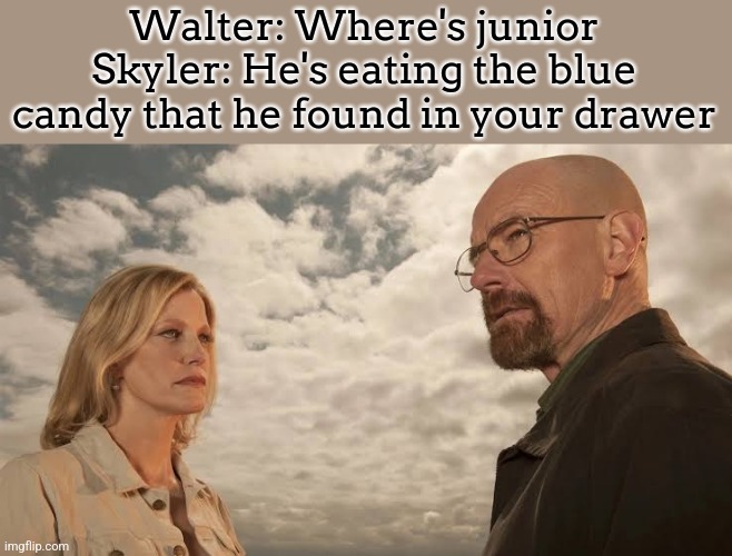 Walter: Where's junior
Skyler: He's eating the blue candy that he found in your drawer | made w/ Imgflip meme maker