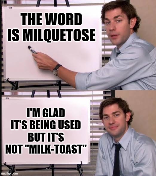 Milquetose not Milk-Toast | THE WORD IS MILQUETOSE; I'M GLAD IT'S BEING USED BUT IT'S NOT "MILK-TOAST" | image tagged in jim pointing to the whiteboard,english lesson,pedantic | made w/ Imgflip meme maker