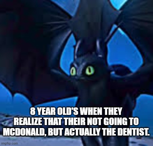 8 YEAR OLD'S WHEN THEY REALIZE THAT THEIR NOT GOING TO MCDONALD, BUT ACTUALLY THE DENTIST. | image tagged in toothless | made w/ Imgflip meme maker
