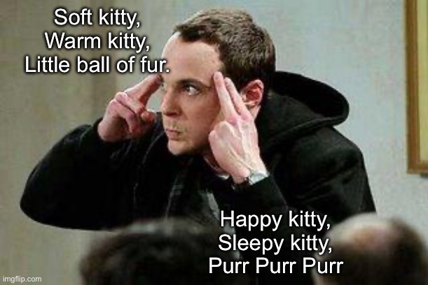 sheldon cooper mind control | Soft kitty,
Warm kitty,
Little ball of fur. Happy kitty,
Sleepy kitty,
Purr Purr Purr | image tagged in sheldon cooper mind control | made w/ Imgflip meme maker