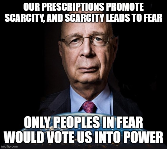 klaus schwab world economic forum world wef own nothing | OUR PRESCRIPTIONS PROMOTE SCARCITY, AND SCARCITY LEADS TO FEAR; ONLY PEOPLES IN FEAR WOULD VOTE US INTO POWER | image tagged in klaus schwab world economic forum world wef own nothing | made w/ Imgflip meme maker