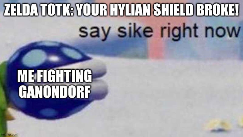 Say Sike Right Now | ZELDA TOTK: YOUR HYLIAN SHIELD BROKE! ME FIGHTING GANONDORF | image tagged in say sike right now,zelda | made w/ Imgflip meme maker