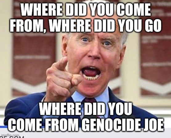 Stop the genocide, stop giving our dollars to promote genocide | WHERE DID YOU COME FROM, WHERE DID YOU GO; WHERE DID YOU COME FROM GENOCIDE JOE | image tagged in joe biden no malarkey | made w/ Imgflip meme maker