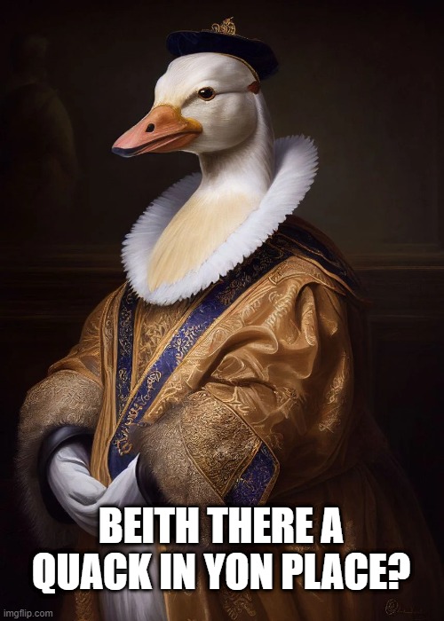 Duckspeare | BEITH THERE A QUACK IN YON PLACE? | image tagged in funny duck | made w/ Imgflip meme maker