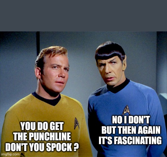 Captain Kirk Spock | YOU DO GET THE PUNCHLINE DON'T YOU SPOCK ? NO I DON'T
BUT THEN AGAIN IT'S FASCINATING | image tagged in captain kirk spock | made w/ Imgflip meme maker