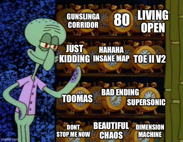 LIVING OPEN SUPERSONIC GUNSLINGA CORRIDOR 8O TOE II V2 JUST KIDDING TOOMAS BAD ENDING HAHAHA INSANE MAP DONT STOP ME NOW BEAUTIFUL CHAOS DIM | made w/ Imgflip meme maker
