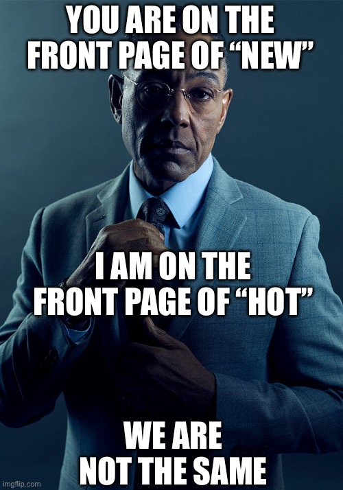 L doing it I’m getting popular | YOU ARE ON THE FRONT PAGE OF “NEW”; I AM ON THE FRONT PAGE OF “HOT”; WE ARE NOT THE SAME | image tagged in gus fring we are not the same | made w/ Imgflip meme maker