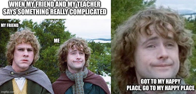 complicated math | WHEN MY FRIEND AND MY TEACHER SAYS SOMETHING REALLY COMPLICATED; MY FRIEND; ME; GOT TO MY HAPPY PLACE, GO TO MY HAPPY PLACE | image tagged in second breakfast | made w/ Imgflip meme maker