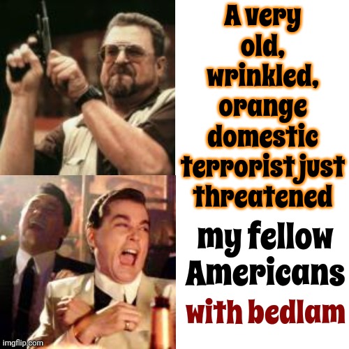 I Can't.  I Just Can't.  It's Just Too Much But Thanx For The Laugh | A very old, wrinkled, orange domestic terrorist just threatened; my fellow Americans; with bedlam | image tagged in memes,drake hotline bling,scumbag trump,lock him up,conservative hypocrisy,trump is scum | made w/ Imgflip meme maker