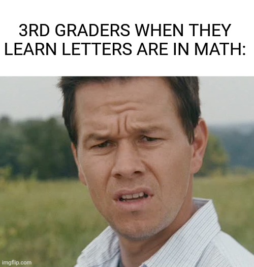 ???? | 3RD GRADERS WHEN THEY LEARN LETTERS ARE IN MATH: | image tagged in huh,relatable memes,school | made w/ Imgflip meme maker