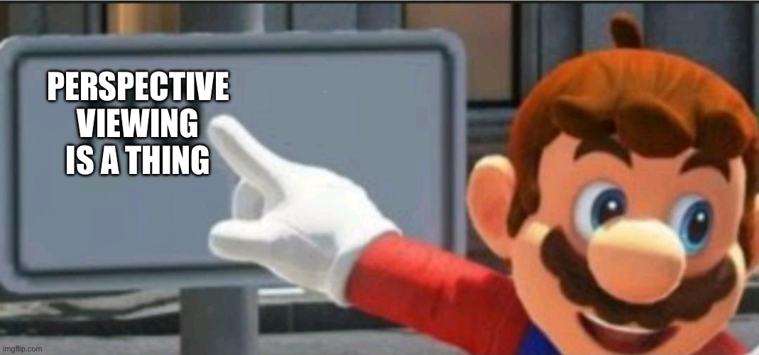 Mario points at a "NO" sign | PERSPECTIVE VIEWING IS A THING | image tagged in mario points at a no sign | made w/ Imgflip meme maker