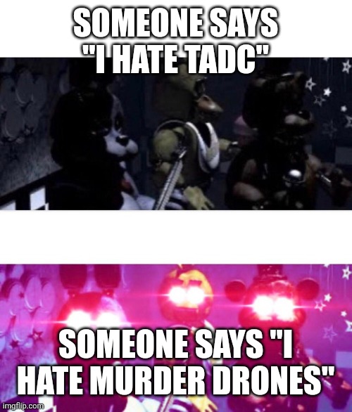 FNaF Death Eyes | SOMEONE SAYS "I HATE TADC"; SOMEONE SAYS "I HATE MURDER DRONES" | image tagged in fnaf death eyes | made w/ Imgflip meme maker