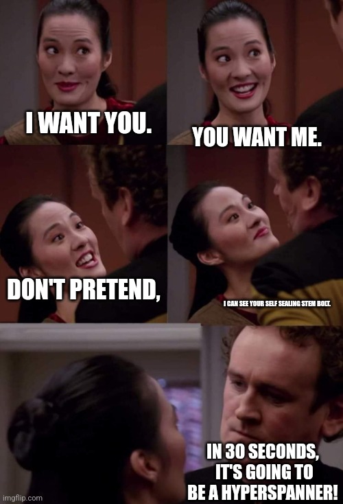 DS9 play | YOU WANT ME. I WANT YOU. DON'T PRETEND, I CAN SEE YOUR SELF SEALING STEM BOLT. IN 30 SECONDS,  IT'S GOING TO BE A HYPERSPANNER! | image tagged in keiko and miles | made w/ Imgflip meme maker