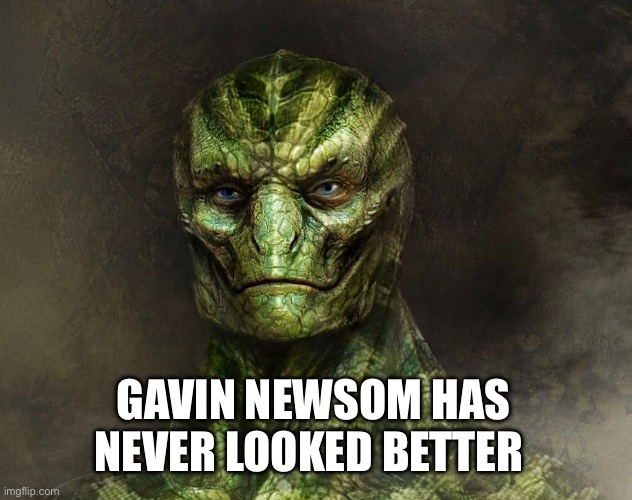 reptilian | GAVIN NEWSOM HAS NEVER LOOKED BETTER | image tagged in reptilian,gavin,governor,political meme,california | made w/ Imgflip meme maker