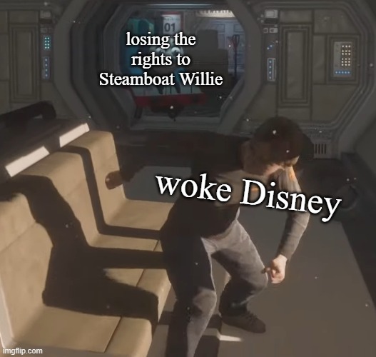 get wrecked Dsiney | losing the rights to Steamboat Willie; woke Disney | image tagged in woman scared of thomas | made w/ Imgflip meme maker