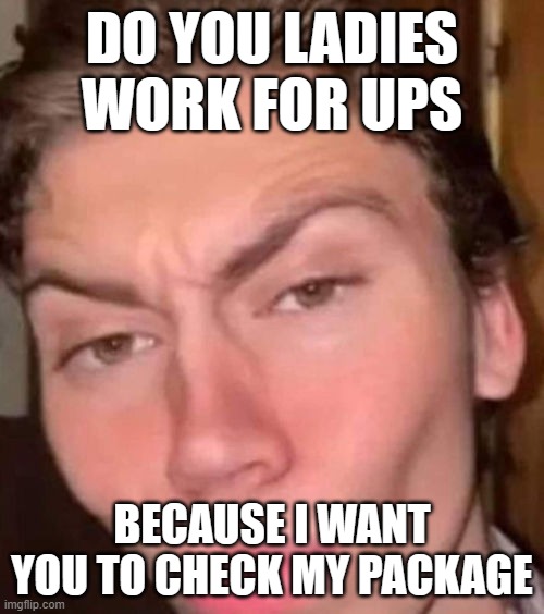 Rizz | DO YOU LADIES WORK FOR UPS; BECAUSE I WANT YOU TO CHECK MY PACKAGE | image tagged in rizz | made w/ Imgflip meme maker