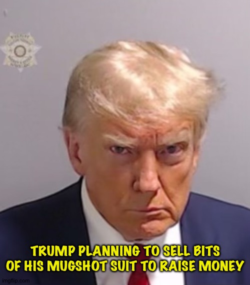 Sounding really, really desperate | TRUMP PLANNING TO SELL BITS OF HIS MUGSHOT SUIT TO RAISE MONEY | image tagged in donald trump mugshot | made w/ Imgflip meme maker