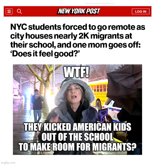 New York City School: Americans Out, Migrants In! | image tagged in new york city,eric adams,americans,out,migrants,in | made w/ Imgflip meme maker