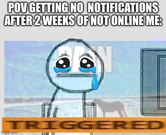 sadness | POV GETTING NO  NOTIFICATIONS AFTER 2 WEEKS OF NOT ONLINE ME: | image tagged in depression sadness hurt pain anxiety | made w/ Imgflip meme maker