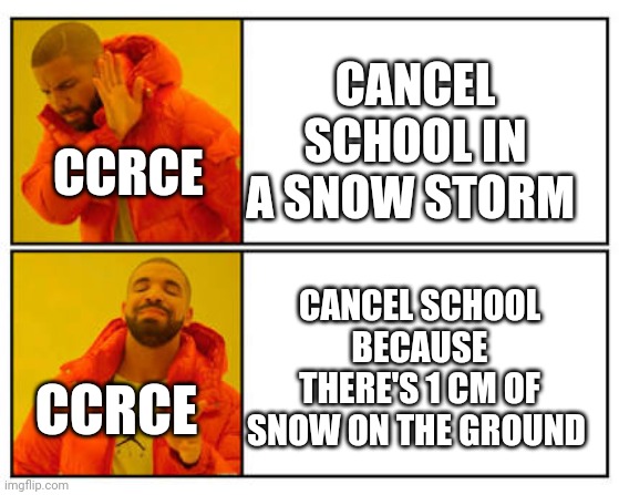 No - Yes | CANCEL SCHOOL IN A SNOW STORM; CCRCE; CANCEL SCHOOL BECAUSE THERE'S 1 CM OF SNOW ON THE GROUND; CCRCE | image tagged in no - yes | made w/ Imgflip meme maker