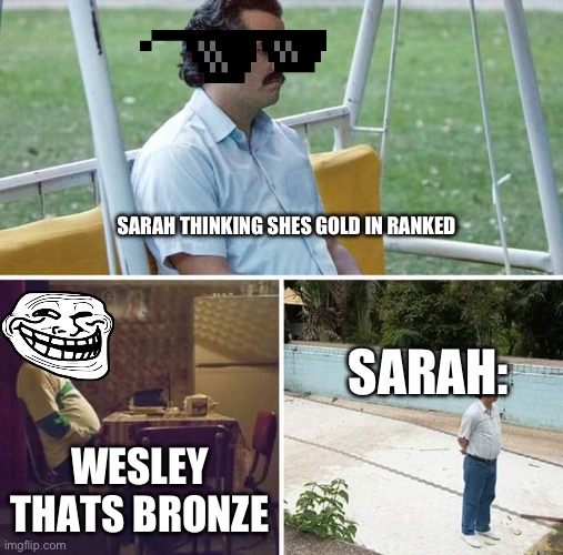 Sad Pablo Escobar | SARAH THINKING SHES GOLD IN RANKED; SARAH:; WESLEY THATS BRONZE | image tagged in memes,sad pablo escobar | made w/ Imgflip meme maker