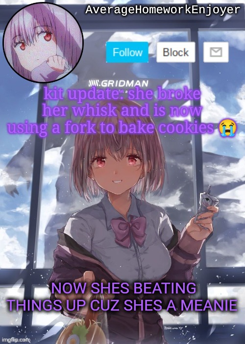 homework enjoyers temp | kit update: she broke her whisk and is now using a fork to bake cookies 😭; NOW SHES BEATING THINGS UP CUZ SHES A MEANIE | image tagged in homework enjoyers temp | made w/ Imgflip meme maker