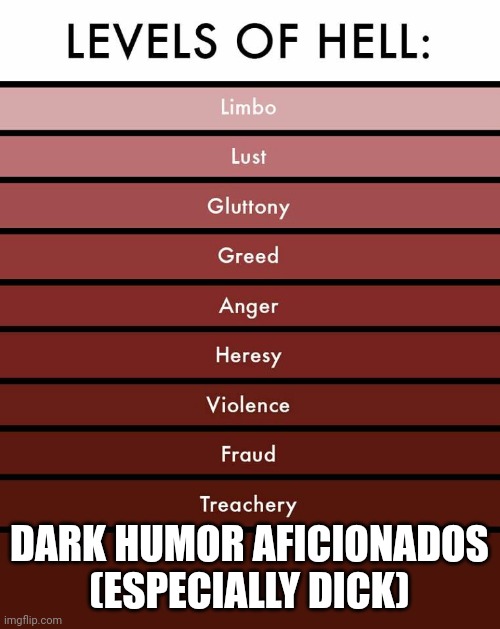 Levels of hell | DARK HUMOR AFICIONADOS (ESPECIALLY DICK) | image tagged in levels of hell | made w/ Imgflip meme maker