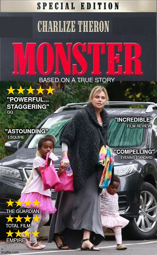 Monster (2) | GQ; FILM REVIEW; ESQUIRE; EVENING STANDARD | image tagged in charlize theron,grooming,bad parenting,lgbtq | made w/ Imgflip meme maker