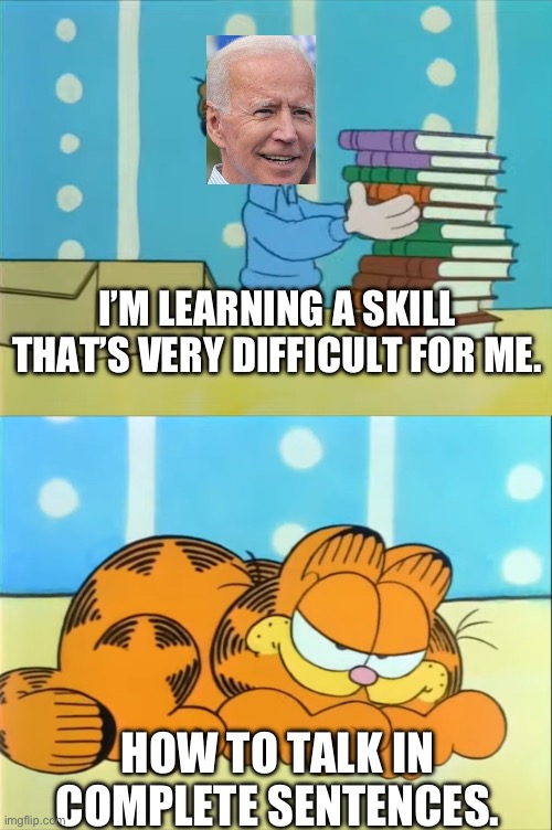 Biden The Confused | I’M LEARNING A SKILL THAT’S VERY DIFFICULT FOR ME. HOW TO TALK IN COMPLETE SENTENCES. | image tagged in learning,joe biden,garfield | made w/ Imgflip meme maker