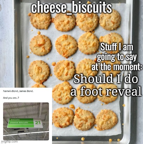 cheese_biscuits | Should I do a foot reveal | image tagged in cheese_biscuits | made w/ Imgflip meme maker