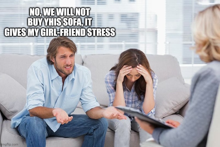 couples therapy | NO, WE WILL NOT BUY YHIS SOFA, IT GIVES MY GIRL-FRIEND STRESS | image tagged in couples therapy | made w/ Imgflip meme maker