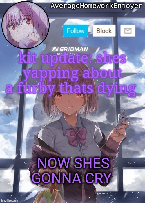 the kit updates have returned | kit update: shes yapping about a furby thats dying; NOW SHES GONNA CRY | image tagged in homework enjoyers temp | made w/ Imgflip meme maker