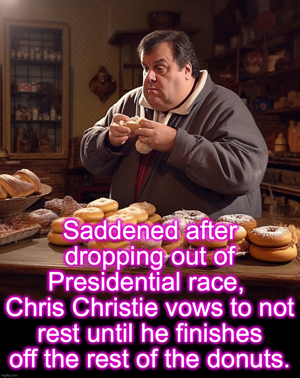 [warning: it's-not-a-total-loss satire] | Saddened after dropping out of Presidential race, 
Chris Christie vows to not rest until he finishes off the rest of the donuts. | image tagged in donuts,chris christie,campaign,funny memes | made w/ Imgflip meme maker