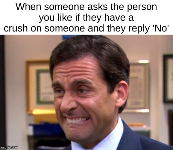 This happened to me today ?? | When someone asks the person you like if they have a crush on someone and they reply 'No' | image tagged in cringe,true story,sad | made w/ Imgflip meme maker
