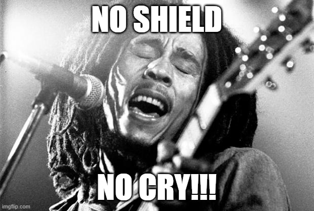 No Shield No Cry | NO SHIELD; NO CRY!!! | image tagged in bob marley,crying | made w/ Imgflip meme maker