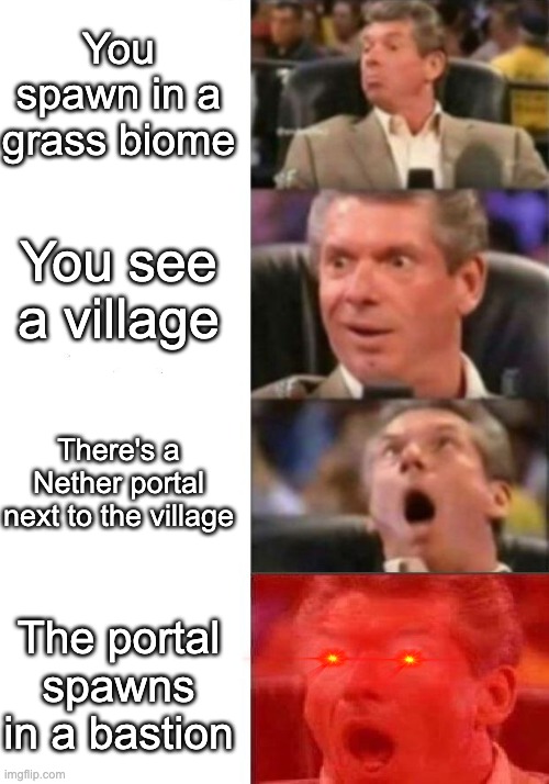 Luckiest W ever. | You spawn in a grass biome; You see a village; There's a Nether portal next to the village; The portal spawns in a bastion | image tagged in mr mcmahon reaction | made w/ Imgflip meme maker