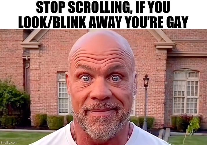 STOP SCROLLING | STOP SCROLLING, IF YOU LOOK/BLINK AWAY YOU’RE GAY | image tagged in kurt angle stare | made w/ Imgflip meme maker