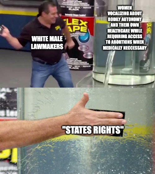 Flex Tape | WOMEN VOCALIZING ABOUT BODILY AUTONOMY AND THEIR OWN HEALTHCARE WHILE REQUIRING ACCESS TO ABORTIONS WHEN MEDICALLY NECCESSARY; WHITE MALE LAWMAKERS; "STATES RIGHTS" | image tagged in flex tape | made w/ Imgflip meme maker
