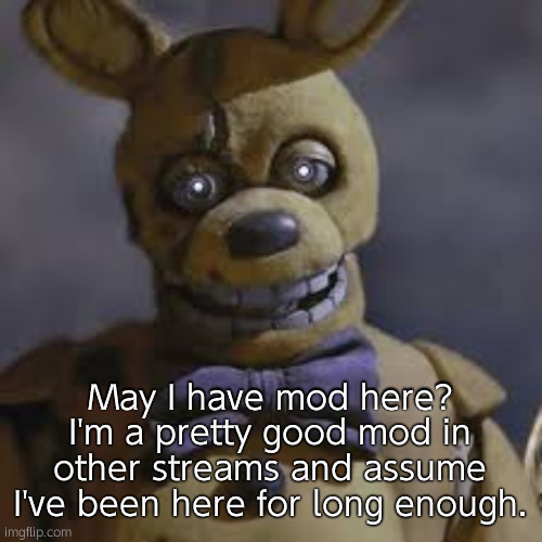 @Behapp | May I have mod here? I'm a pretty good mod in other streams and assume I've been here for long enough. | image tagged in springbonnie | made w/ Imgflip meme maker