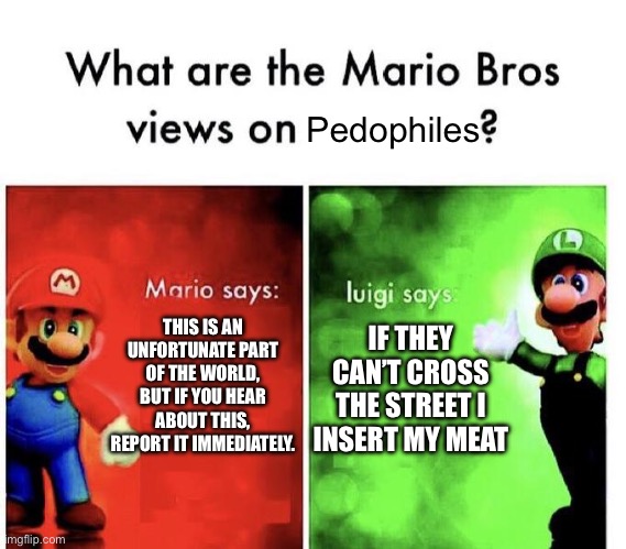 Damn luigi | Pedophiles; THIS IS AN UNFORTUNATE PART OF THE WORLD, BUT IF YOU HEAR ABOUT THIS, REPORT IT IMMEDIATELY. IF THEY CAN’T CROSS THE STREET I INSERT MY MEAT | image tagged in mario bros views,mario,luigi | made w/ Imgflip meme maker