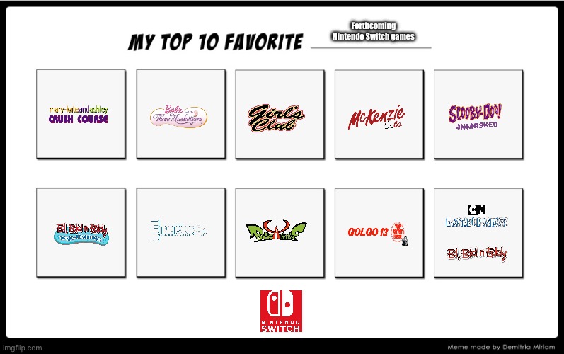 Title Below | Forthcoming Nintendo Switch games | image tagged in my top 10,nintendo switch,ed edd n eddy,barbie,scooby doo,deviantart | made w/ Imgflip meme maker