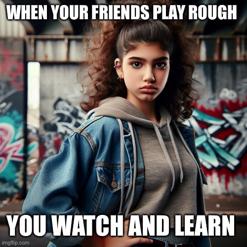 Savage city girl | WHEN YOUR FRIENDS PLAY ROUGH; YOU WATCH AND LEARN | image tagged in racist | made w/ Imgflip meme maker