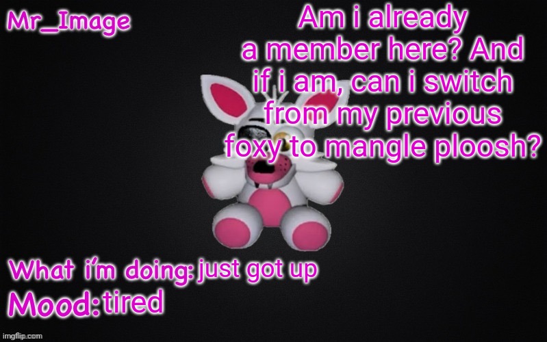 Am i already a member here? And if i am, can i switch from my previous foxy to mangle ploosh? just got up; tired | image tagged in mangle plush announcement temp | made w/ Imgflip meme maker