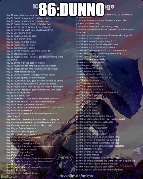 100 day anime challenge | 86:DUNNO | image tagged in 100 day anime challenge | made w/ Imgflip meme maker