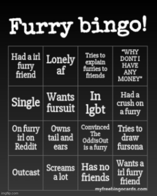i literally could not fill out any of these | image tagged in furry bingo | made w/ Imgflip meme maker
