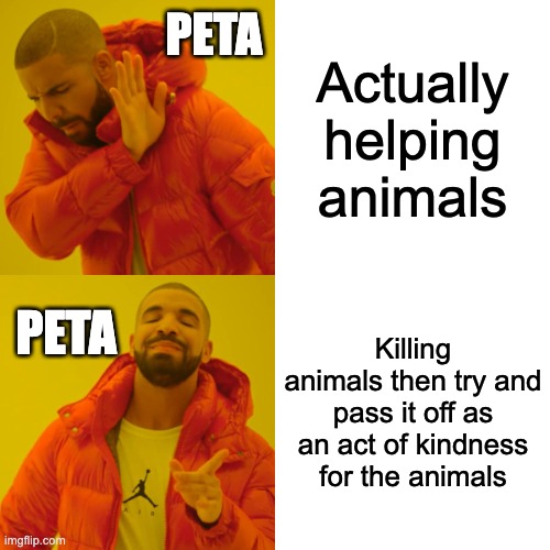 PETA's euthanasia | Actually helping animals; PETA; Killing animals then try and pass it off as an act of kindness for the animals; PETA | image tagged in memes,drake hotline bling | made w/ Imgflip meme maker