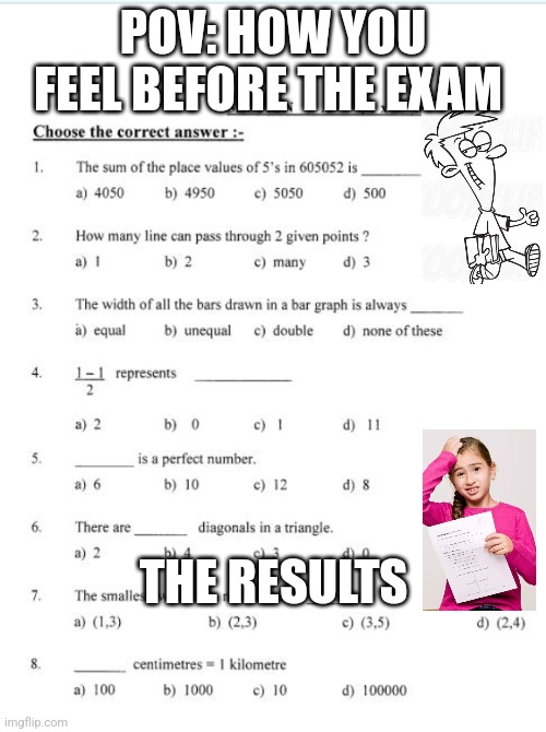 Math test | POV: HOW YOU FEEL BEFORE THE EXAM; THE RESULTS | image tagged in how i react under pressure | made w/ Imgflip meme maker